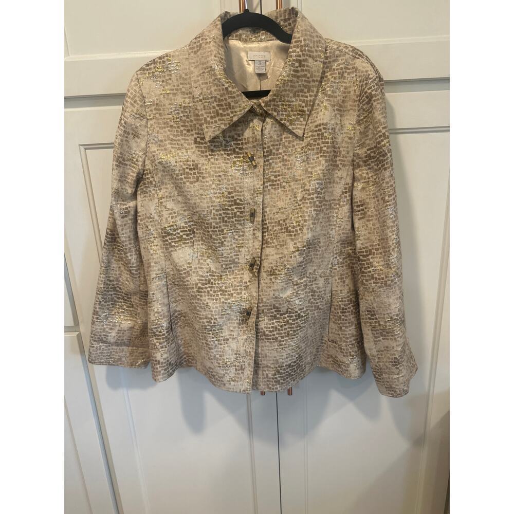 Vintage Chico’s size 3 shoulder pad blazer silk blend lined gold silver women’s